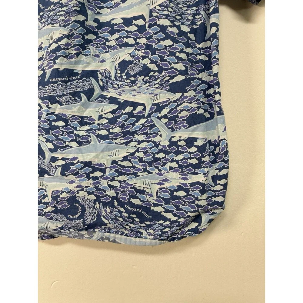 Vineyard Vines Boys Sz Medium 8/10 Collard Button Up With Sharks & Fish
